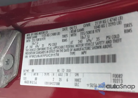 2015 Ford Escape Titanium из США, поврежденный, VIN 1FMCU9JX1FUC31178